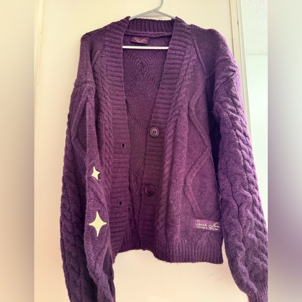 Purple Cable Knit Cardigan Sweater